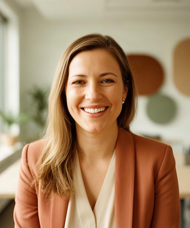 Professionista HR sorridente in un ufficio luminoso con dettagli color miele